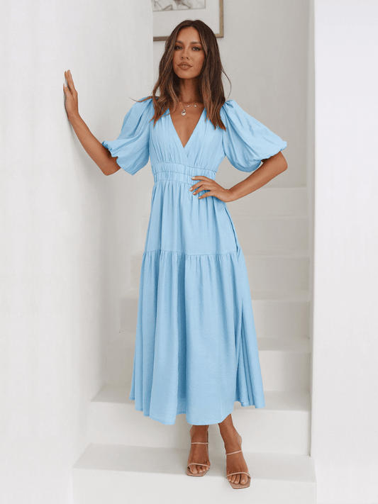 Kimona Smocked Short Sleeve Maxi Dress - Blue