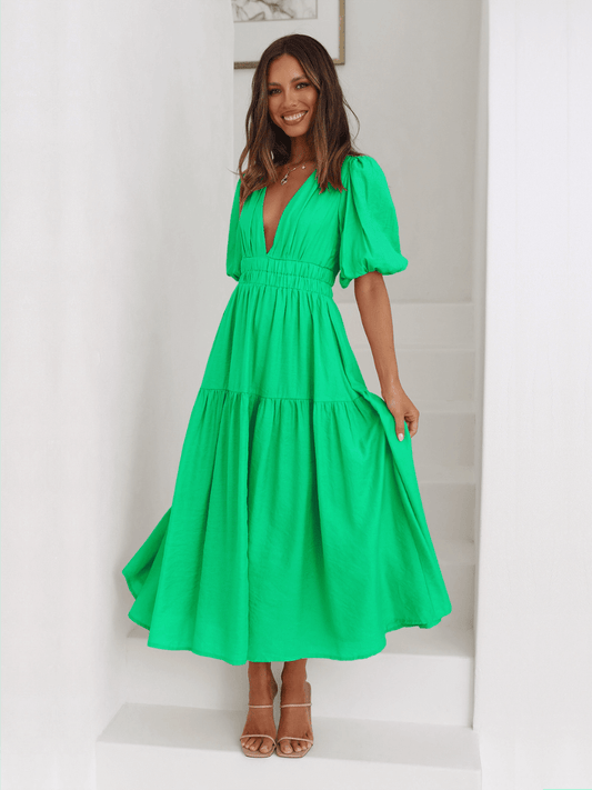 Kimona Smocked Short Sleeve Maxi Dress - Green