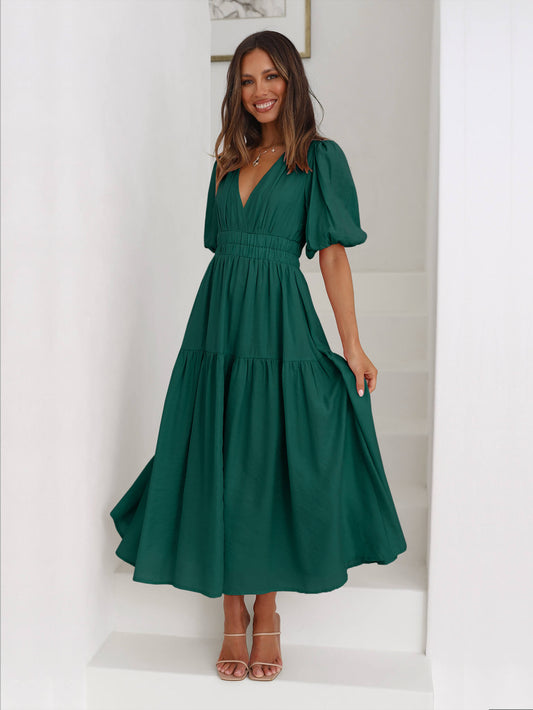 Kimona Smocked Short Sleeve Maxi Dress - Emerald