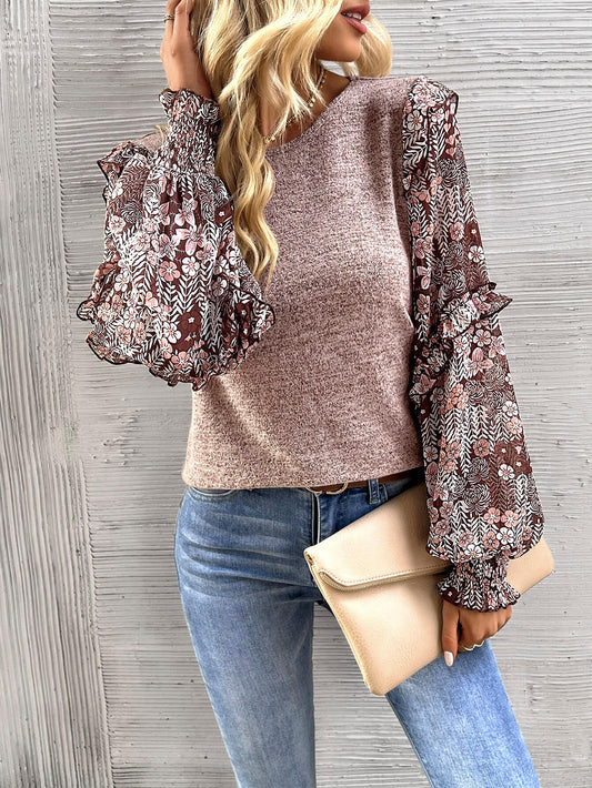 Hairos Floral Contrast Blouse Sweater - Beige